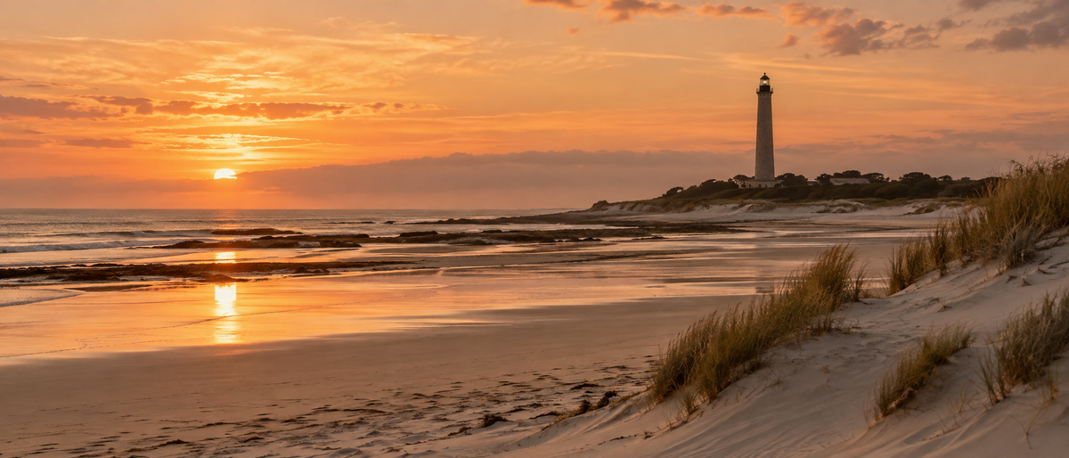 Plage de l’Île de Ré et phare des Baleines au coucher du soleil